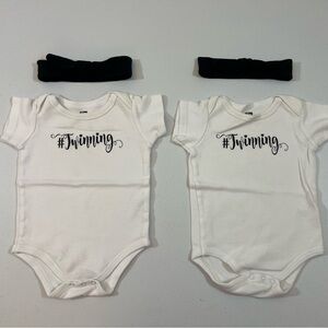 Twin Onesies & Headbands (Handcrafted)-Size 3-6 months